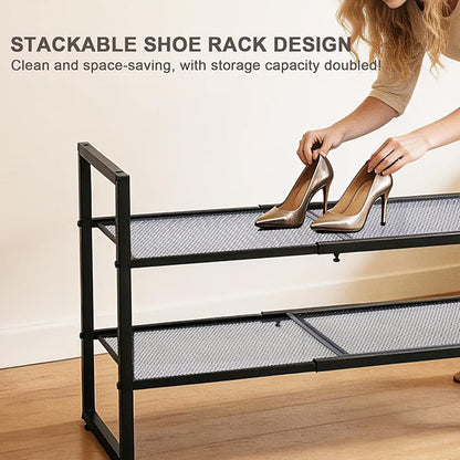 Expandable Shoe Rack,2 Tier Adjustable Metal Shoe Shelf for Closet,Sturdy Free Standing Shoe Storage for Door Entrance,Bedroom,Small Spaces,Black