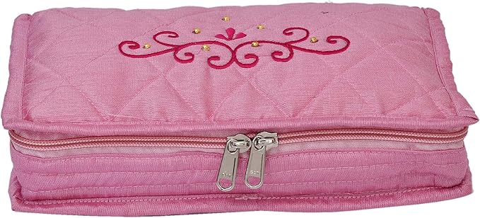 Kuber Industries Embroidery Design Satin Jewellery Pouch Cum Makeup Kit, Pack of 2 (Green & Pink)