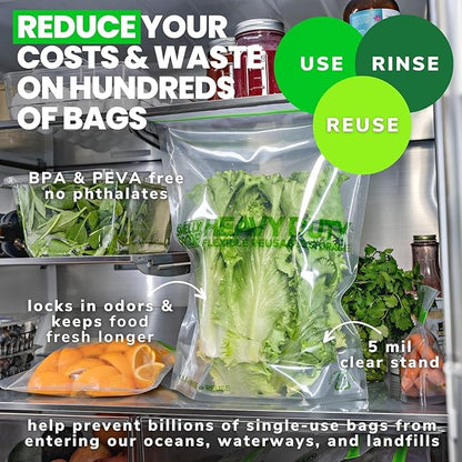 50 x HEAVY DUTY 5mils Thick Dishwasher-Safe STAND-UP Reusable Bags, US-MADE, Extra Durable Washable Reclosable Food Storage Extra Large Bags, XXL 12"x16" 2-Gallon 50-Pack