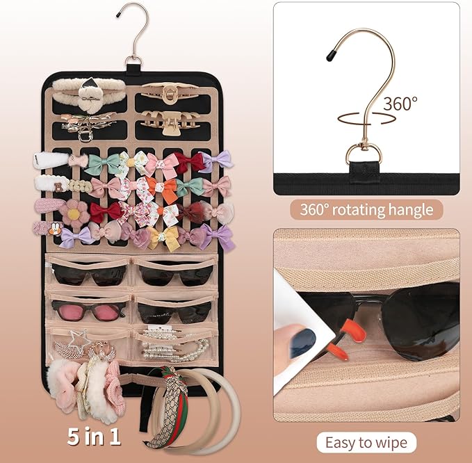 Ethereal Hanging Claw Clip Organizer for Women/Girls, Hair Bows Holder with Hanger Metal Hooks, Hair Accessories Organizer for Sunglasses, Hair Clip, Scrunchies (Only Bag)