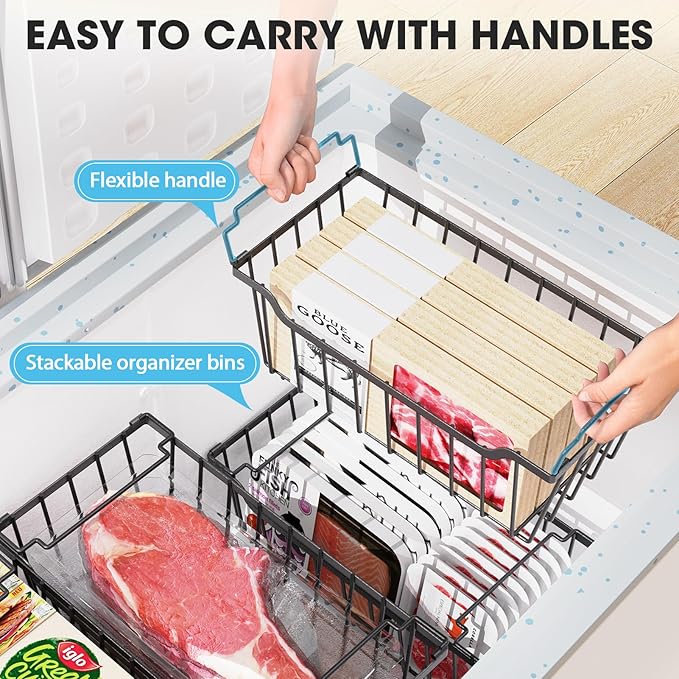 SUNALLY Freezer Organizer Bins, 8 Pack Stackable Chest Freezer Organizer for 5-7 Cu.FT Deep Freezer Sort Frozen Meats and Food, Freezer Storage Baskets with Handles Easy Reach from Bottom, Black