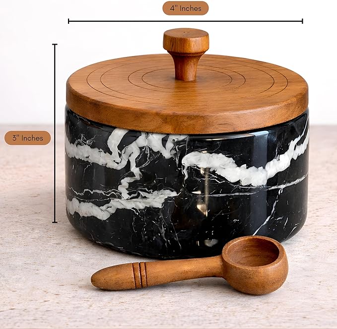 Marble salt cellar with lid and spoon, salt container with spoon, salt bowl with acacia wood lid, salt holder for countertop, salt jar - Black