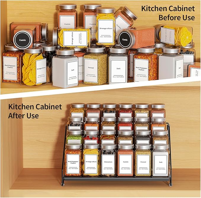 BOIVSHI 4 Tier Spice Rack for Cabinet, Spice Rack Organizer, Depth Adjustable Spice Holder for Countertop, Cupboard, Pantry, Seasoning Shelf, Metal, Black (1 Pack)