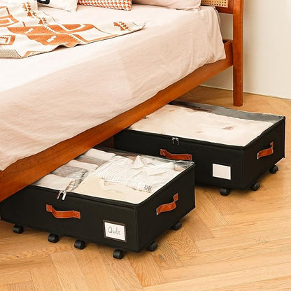 Freebat Under Bed Storage Organizer with Wheels, Underbed Container with Clear Lid Cover, Storage Bag Box with Visiable Window for Clothes, Bedsheet, Pillow, 2 Pack，7.5 inches