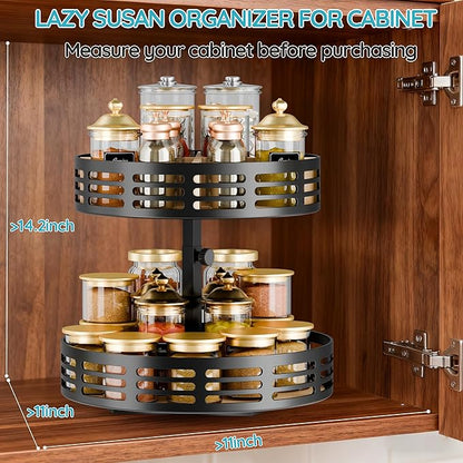 2 Tier Lazy Susan Organizer - 360° Rotating Spice Rack, Adjustable Industrial Spinning Spice Holder, Versatile Countertop Organizer for Cabinet, Pantry, Kitchen, Dining Table, Bathroom and Vanity