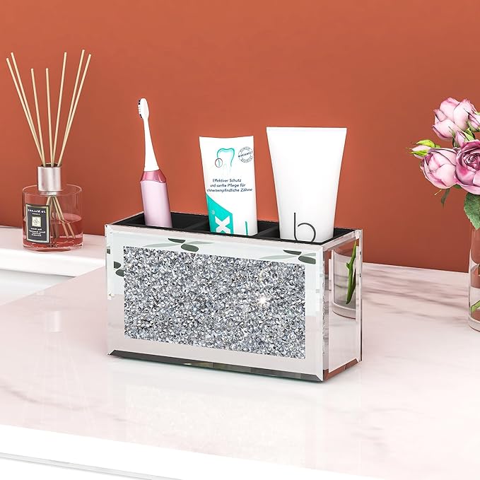 SHYFOY Mirrored Makeup Brush Holder Organizer, 3 Slot Glass Cosmetics Brushes Storage Holders with Crystal Crushed Diamond, Cute Pen and Pencil Holder for Desk, Eyeliners Display Case for Vanity