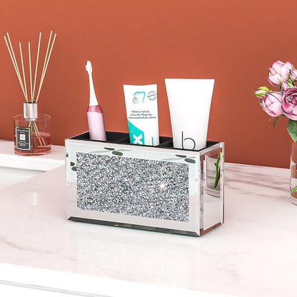 SHYFOY Mirrored Makeup Brush Holder Organizer, 3 Slot Glass Cosmetics Brushes Storage Holders with Crystal Crushed Diamond, Cute Pen and Pencil Holder for Desk, Eyeliners Display Case for Vanity