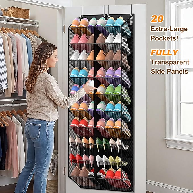UVIAHOMI 20-30 Pairs Over the Door Shoe Organizer, Breathable Pocket Hanging Shoe Storage for Closet, 10-Tier Door Shoes Rack, Handing Shoes Holder Fit All the Family's Sneakers, Boots, Heels, Black