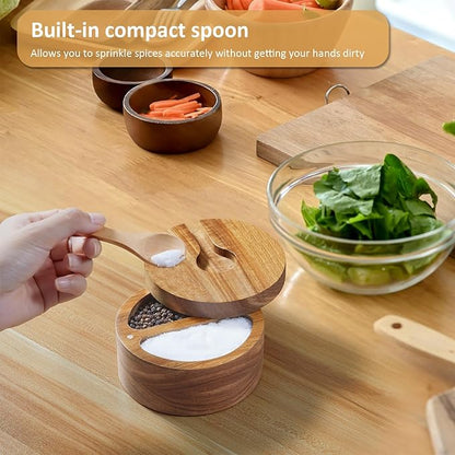 OUTNILI 2-Compartment Acacia Salt Box with Lid and Spoon, Salt Cellar with Swivel Lid, Salt Container Holder for Sea Salt Herbs or Favorite Seasonings, Dual 6 oz Salt Bowl