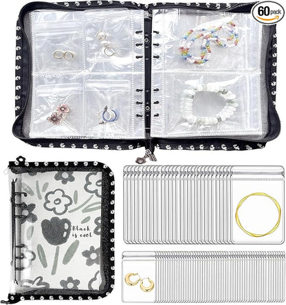 Jewelry Organizer Travel,Jewelry Storage Book with 45 Portable thick PVC pouches,Jewelry Organizer Zipper Bags for Necklaces Bracelet Rings and Earrings (front cover removable),Black
