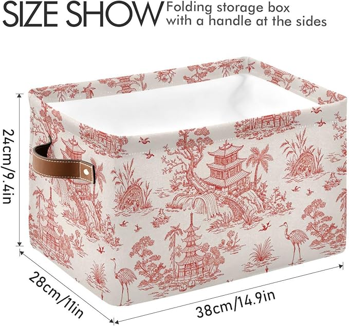 Chinoiserie Style Storage Baskets,Decorative Collapsible Rectangular Canvas Fabric Storage Bin for Home