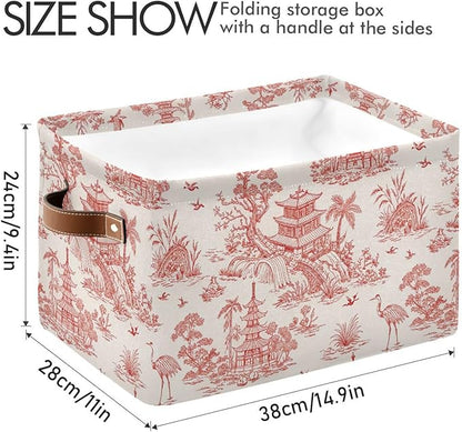 Chinoiserie Style Storage Baskets,Decorative Collapsible Rectangular Canvas Fabric Storage Bin for Home