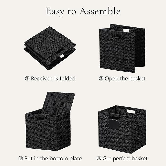 UBBCARE 2 Pack Wicker Basket, 12×12 Storage Cubes with Label, Foldable Cube Storage Bin with Handle, Square Storage Basket for Shelves, Woven Paper Rope Basket for Organizing, Black