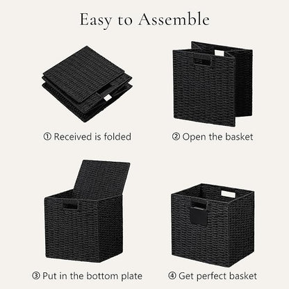 UBBCARE 2 Pack Wicker Basket, 12×12 Storage Cubes with Label, Foldable Cube Storage Bin with Handle, Square Storage Basket for Shelves, Woven Paper Rope Basket for Organizing, Black