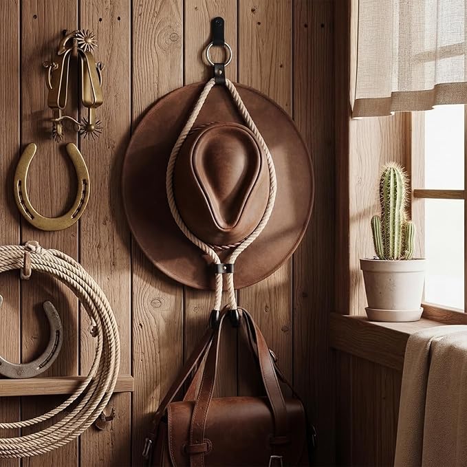 Sliner 4 Pcs Cowboy Hat Hangers Adjustable Cowboy Hat Mounts for Wall Including Nails and Hooks Western Decor Vintage Rope and Leather Design for Living Room Door Home Entryway Display