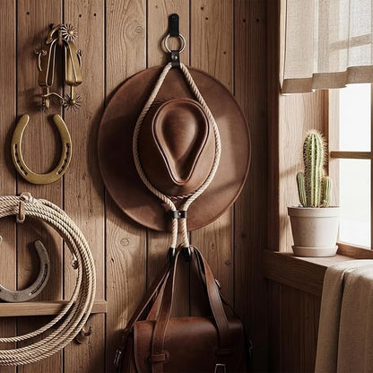 Sliner 4 Pcs Cowboy Hat Hangers Adjustable Cowboy Hat Mounts for Wall Including Nails and Hooks Western Decor Vintage Rope and Leather Design for Living Room Door Home Entryway Display