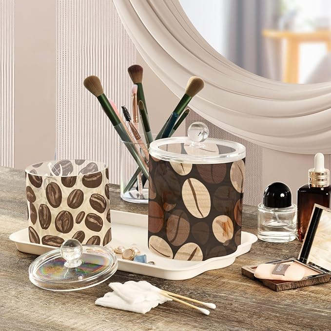 2 Pack Qtip Dispenser Apothecary Jars with Lids Cotton Round Holder Bathroom Canisters for Cotton Swab Floss Ball Pads Clear Plastic Decorative Brown and Beige Coffee Beans