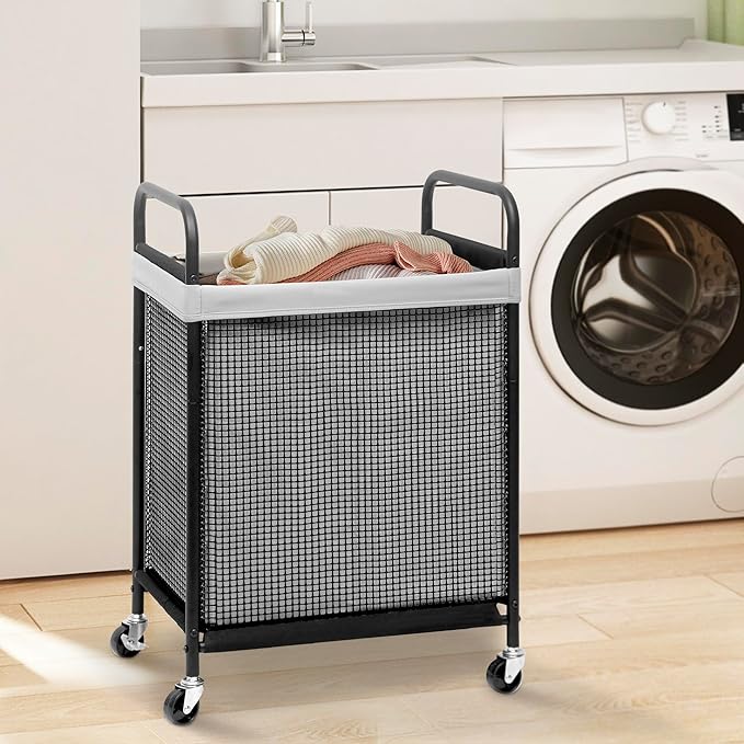 STORAGE MANIAC Rolling Laundry Hamper with Wheels 1-Section Laundry Sorter Rolling Laundrys Basket on Wheels with Removable Bag Clothes Hamper Laundrys Organizer Cart Bathroom Bedroom 90L Grey