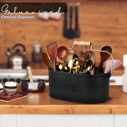Alpha Living Home Large Silverware Drawer Organizer, Utensil Holder, Silverware Organizer, Caddy, Cutlery Holder, Wooden Handle 4-Section Galvanized Flatware Organizer for Kitchen, BBQ Black