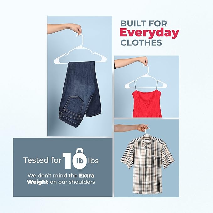 Plastic Hangers 100 Pack - Made in The USA - 6lb Capacity Standard Clothes Hangers with Notches and Reinforced Edges for Dresses, Lingerie, Shirts, Pants, and Jackets - Gray