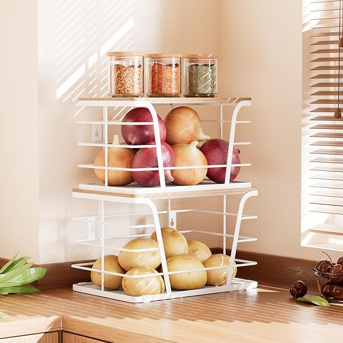 TIDIIABODE 2 Pack Kitchen Organization for Onions,Potatoes - Fruit Basket for Kitchen Counter & Storage Basket,Stackable Storage Bins with Bamboo Top & Lightweight PP Mat,White