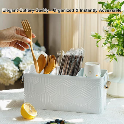 Silverware Caddy for Party Kitchen Flatware Holder for Countertop Metal White Hexagon Stripe Pattern Embossed Cutlery Organizer with 3 Compartments for Utensils, Spoons, Knives, Forks
