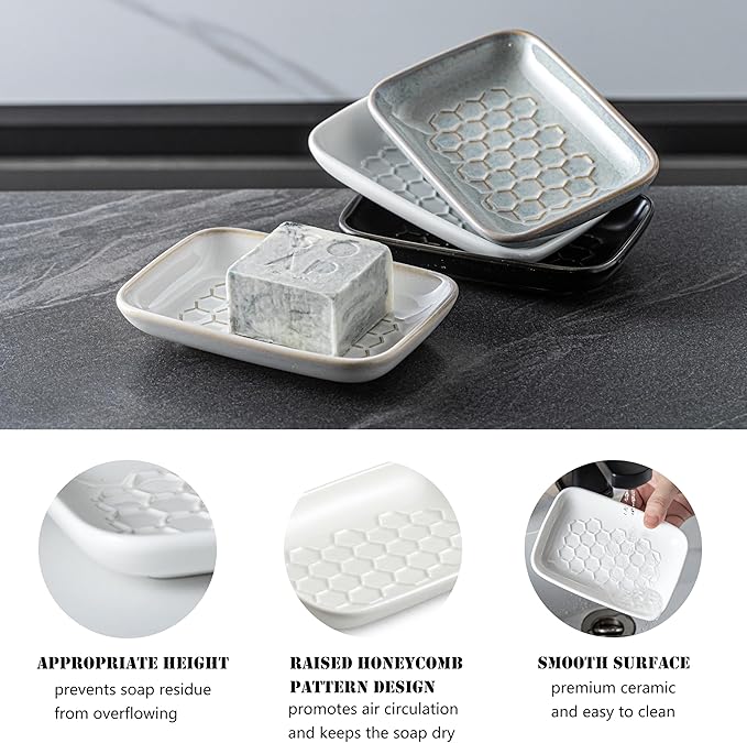 Gomakren Soap Dish for Shower, Ceramic Bar Soap Holder with Honeycomb Design, Soap Saver Tray for Bathroom Kitchen Sink, Sponge & Organizer Tray, Upscale Look, 5.5 Inch, White