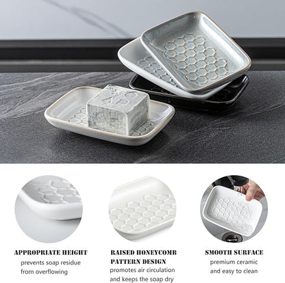 Gomakren Soap Dish for Shower, Ceramic Bar Soap Holder with Honeycomb Design, Soap Saver Tray for Bathroom Kitchen Sink, Sponge & Organizer Tray, Upscale Look, 5.5 Inch, White