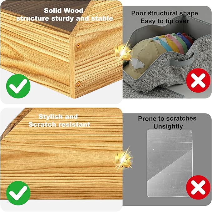 Wooden Hat Organizer Box for Baseball Caps, Hats Holder Box with Pullable Acrylic Lid Large Cap Storage for Closet Countertop (charcoal color)