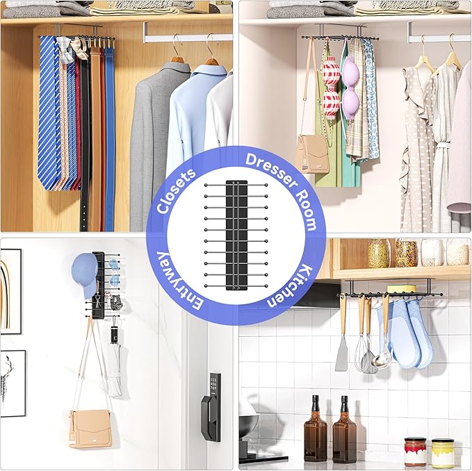 Tie Rack Wall Mounted, Tie Organizer for Men, Tie Rack Hanger for Closet Metal, Adhesive Tie Holder Organizer with 20 Hooks, Tie Storage for Wall Bedroom Living Room Dresser Room (Black)