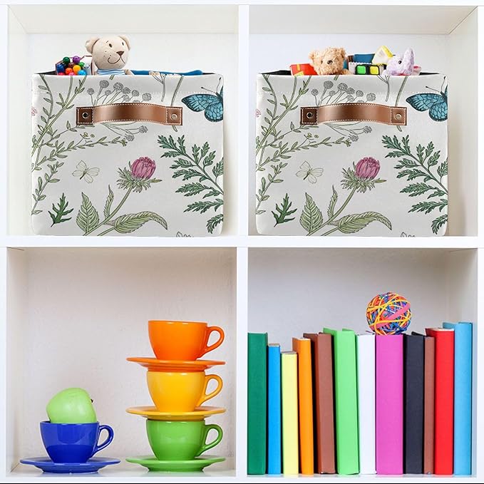 Kigai Herb and Wild Flowers Storage Basket Collapsible Rectangle Storage Bin Shelves Basket Organizer with Leather Handle for Closet, Office, Nursery, Home Decor