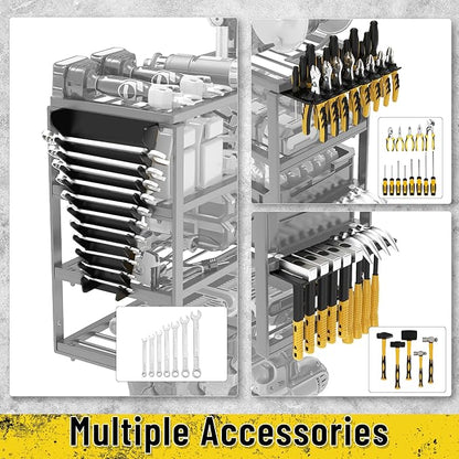 Heavy Duty Power Tool Organizer Wall Mount, Cordless Drill Hanger Storage Rack, Battery Tool Holder Utility Rack with Side Wrench Rack for Garage Workshop-32 Inch 8 Slots