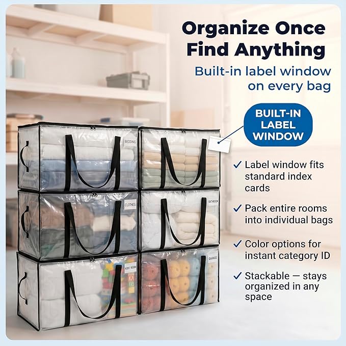 ClearSpace Heavy Duty Moving Bags or Storage Bags – Clear Storage Bins with Lids, Large Moving Boxes with Backpack Straps & Zippers – Packing Bags & Moving Supplies for College Dorm- 8 Pack