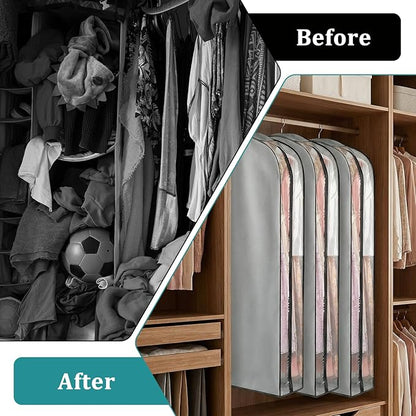 3 Packs 10" Gusseted Garment Bags for Hanging Clothes 60" Suit Bags for Closet Storage Side Clear Dress Bag Long Closet Waterproof Garment Covers for Closets Wardrobe Storage Traveling, Grey