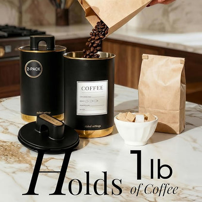 STYLED SETTINGS Coffee Bar Canisters Set of 2 – Vacuum Coffee Canisters with Airtight Lids & Scoop, Black & Gold Stainless Steel Food Storage Containers for Beans or Grounds – Coffee Lover Gifts