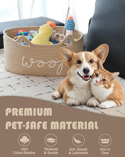 Sea Team Dog Toy Basket with Handles, 16.5 x 11 x 7 Inches, 4.4 Gallons Large Cotton Rope Storage Bin, Box, Shelf Organizer for Pet Chew Toys, Foods, Beige Woof