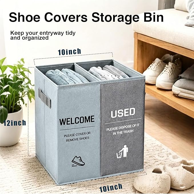 Foldable Shoe Cover Bin Storage Box Storage Dispenser Holder with Used Shoe Covers and Welcome Please or Remove Sign for Open House Supplies (grayish blue)
