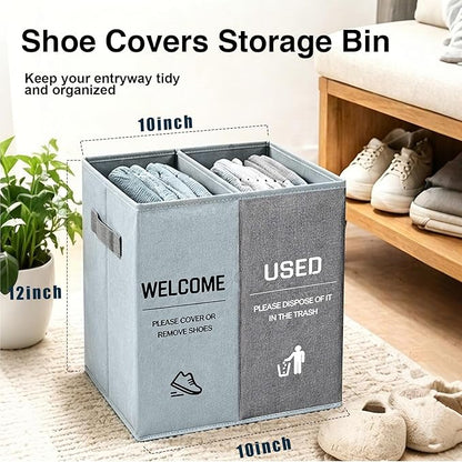 Foldable Shoe Cover Bin Storage Box Storage Dispenser Holder with Used Shoe Covers and Welcome Please or Remove Sign for Open House Supplies (grayish blue)