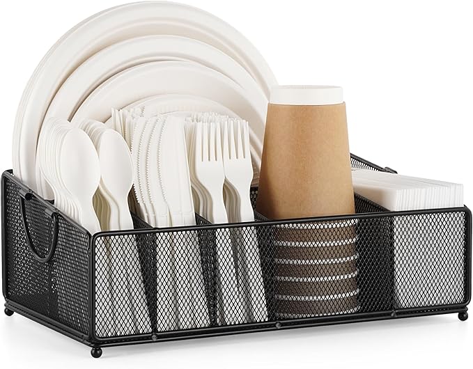 Large Paper Plate and Silverware Caddy for Countertop Party Picnic Camping, Plastic Cutlery Holder Organizer for Disposable Plate Cup Flatware Utensil Napkin, Black