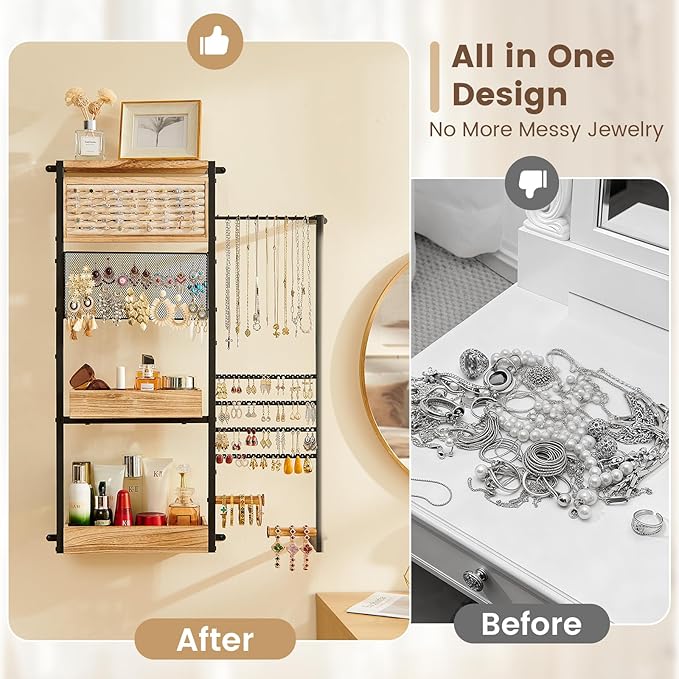 Pinzoveco Hanging Jewelry Organizer Wall Mounted, Large Hanging Jewelry Organizer Holder for Necklaces,Bracelest,Earrings,Rings,Watched,Makeup & Perfume (Black)