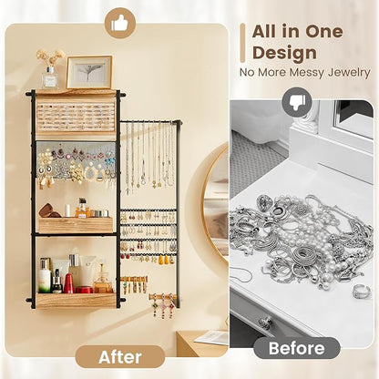 Pinzoveco Hanging Jewelry Organizer Wall Mounted, Large Hanging Jewelry Organizer Holder for Necklaces,Bracelest,Earrings,Rings,Watched,Makeup & Perfume (Black)