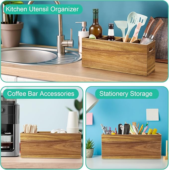 ALELION Acacia Wood Utensil Holder with Removable Divider - 4 Compartment Wooden Utensil Caddy Organizer for Kitchen Counter - Cooking Utensil Crock for Countertop