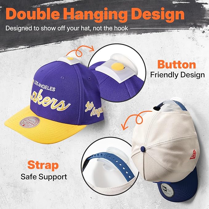 HOUSE DAY Adhesive Hat Hooks for Wall 16 Pack, Strong Hat Rack for Baseball Cap Display Organizer, Hats Hangers Holder for Wall, Door, Closet, No Drilling, Translucent