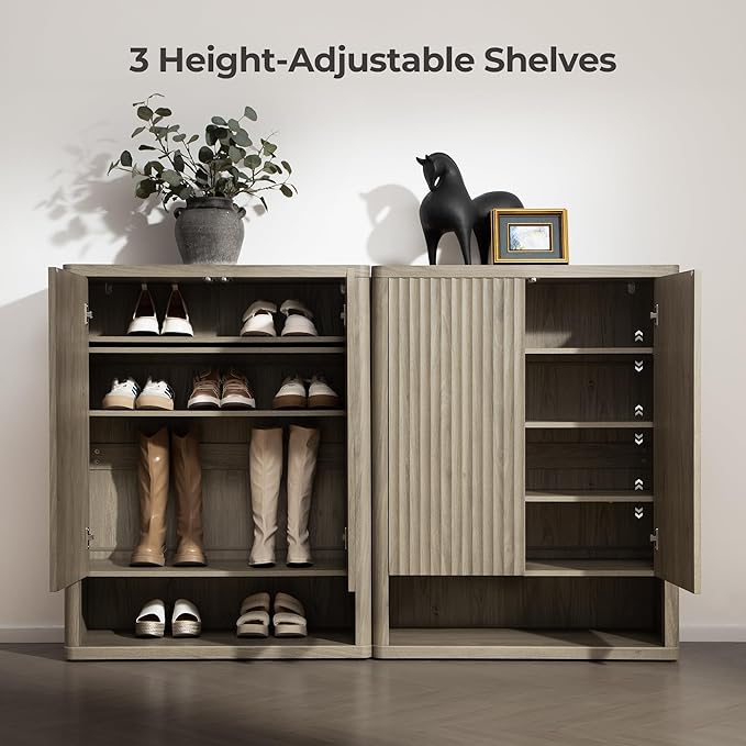 SICOTAS Shoe Cabinet 44 inch Tall Fluted Shoe Cabinet with Doors & 4 Shelves Wooden Large Hidden Shoe Storage Organizer Modern Free Standing 6-Tier Cabinet for Entryway Living Room Closet