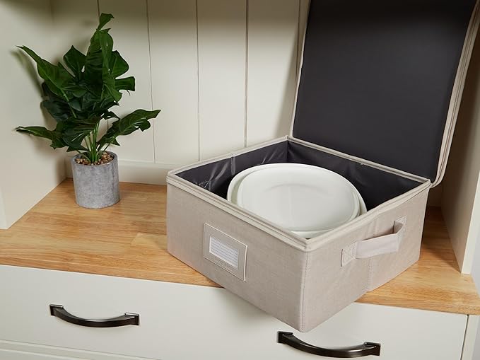 Platter Serveware Storage Box - Durable Polyester, Dual Zippers, Carrying Handles, ID Window, Kitchen Storage, Beige Heather