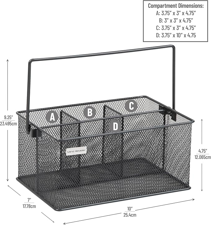 Mind Reader Multi-purpose Storage Caddy with Handle, Desktop Organizer, Cutlery Holder, 4 Compartments, Metal Mesh, Gray