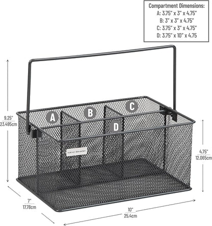 Mind Reader Multi-purpose Storage Caddy with Handle, Desktop Organizer, Cutlery Holder, 4 Compartments, Metal Mesh, Gray