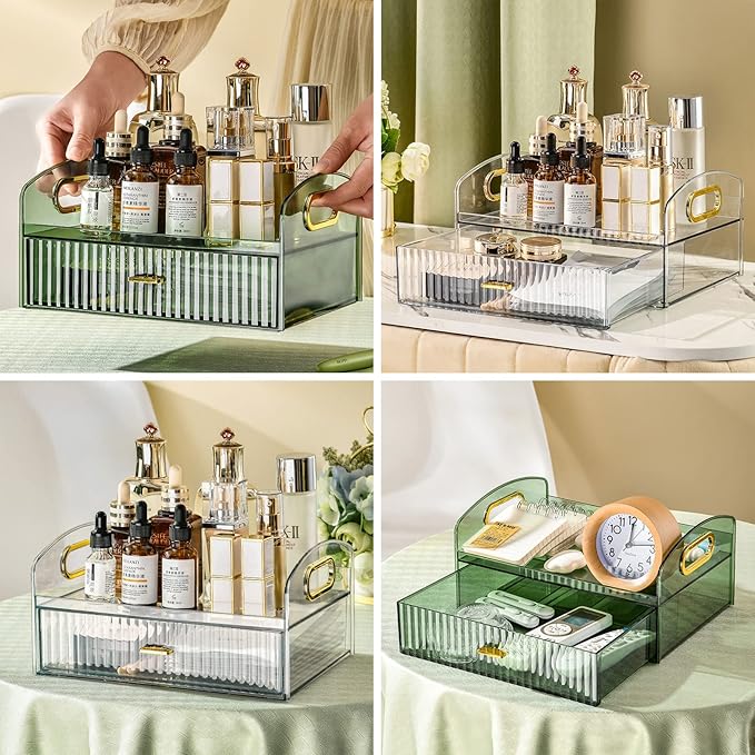 DASITON Vintage striped Makeup Brush holder Organizer,Acrylic Drawers Makeup Organizers,Spacious Cosmetic Display Case,Jewelry Storage,for Vanity,Bathroom,Desk Storage Container（Clear）
