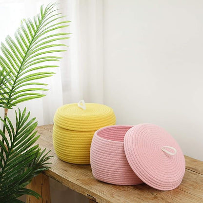 Sea Team Round Cotton Rope Storage Basket with Lid, Decorative Woven Storage Bin, Pot, Caddy, Organizer, Container for Snacks, Towels, Plants, 10 x 7.5 Inches (Small, Pink)