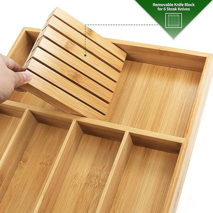 VaeFae Bamboo Silverware Organizer (Non-expandable), Utensil Holder for Drawer, Cutlery Tray with Divider for Kitchen Drawer, Utensil Organizer with Knife Block